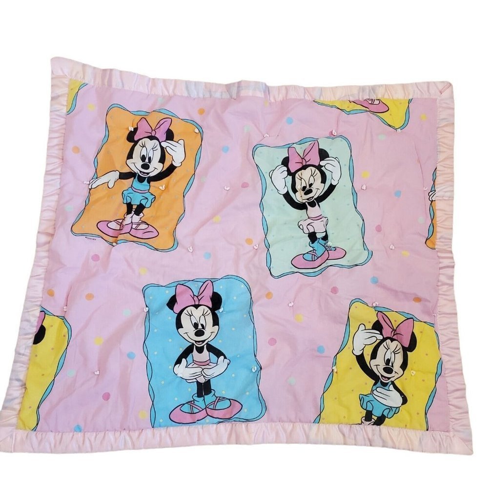 Vintage‎ Disney Dundee Minnie Mouse Quilt Baby Blanket Comforter Pink Satin Trim